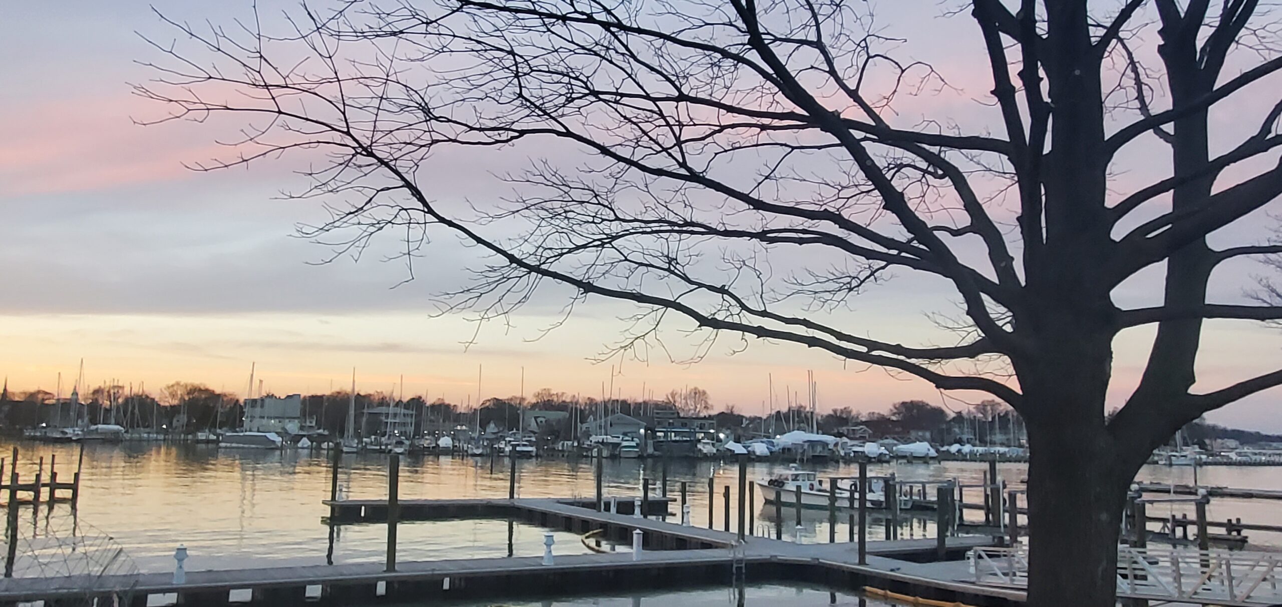 A photo of the Edwards Family Marina looking out over Back Creek at dusk