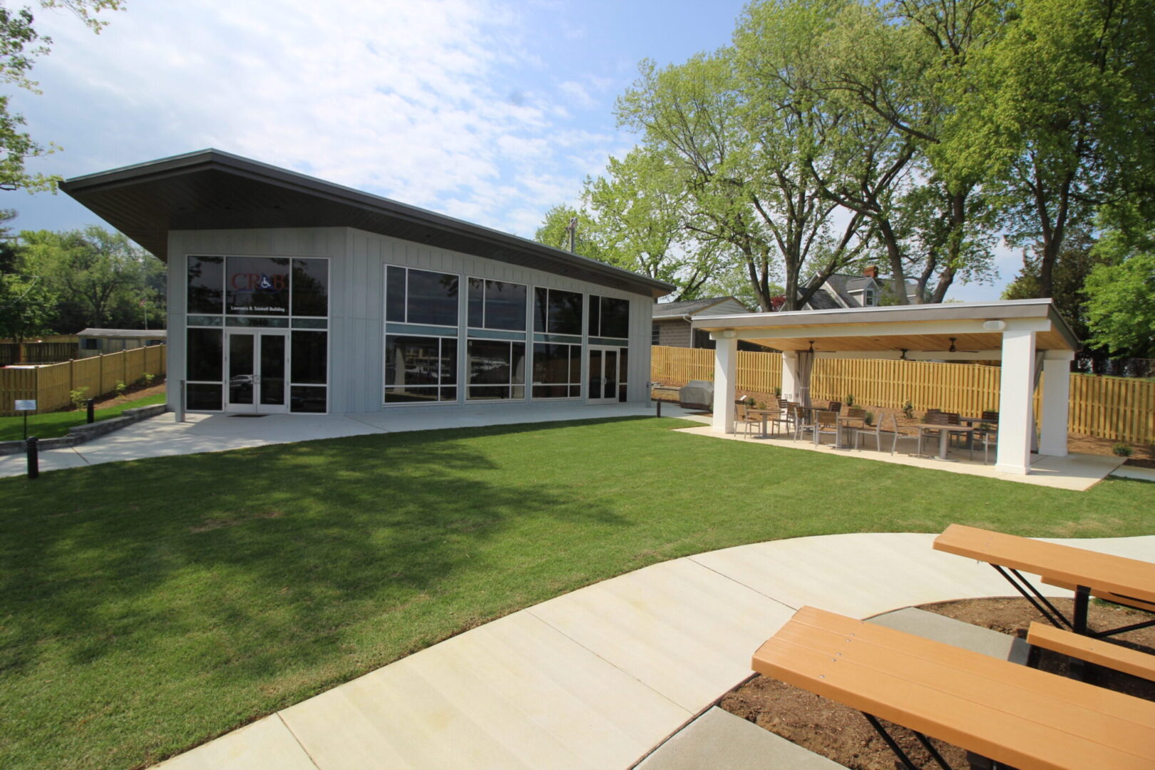 Lawrence B. Taishoff Building, lawn and pavilion at the Adaptive Boating Center