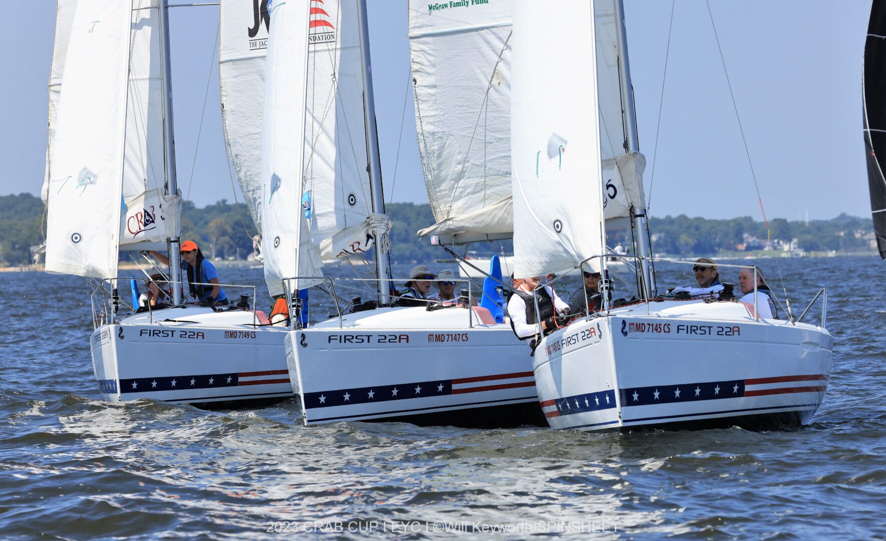 Three CRAB sailboats sailing toward the camera while racing in the 2023 CRAB Cup